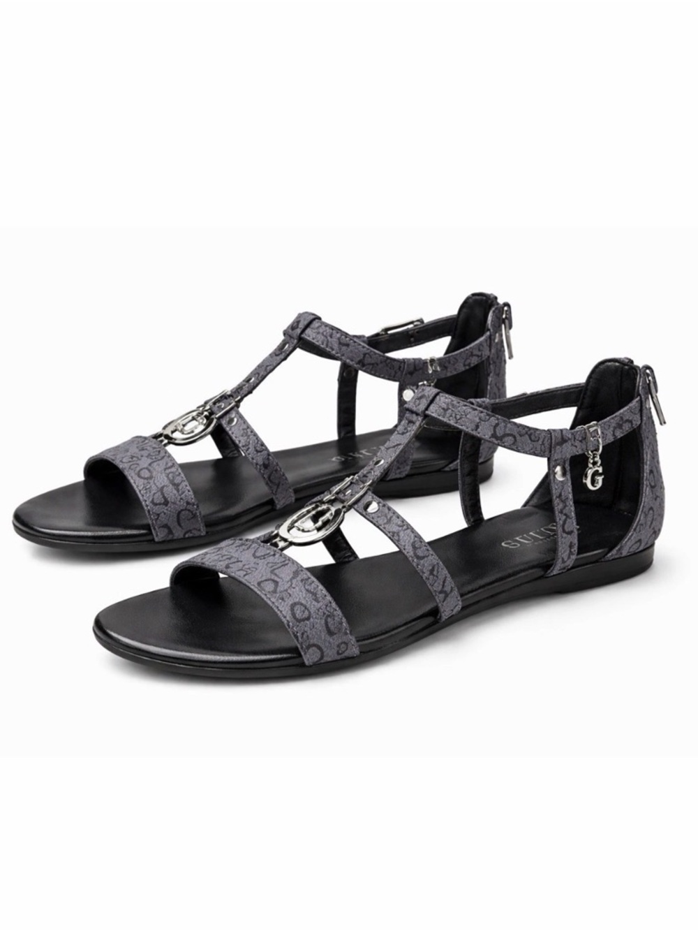 Guess Gray Logo Gladiator Flat Sandals Womens Size 8.5 T Strap Charm